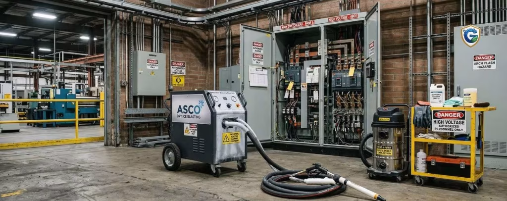 Industrial facility with open electrical control panels and maintenance equipment used for safe electrical cleaning and dry ice blasting.